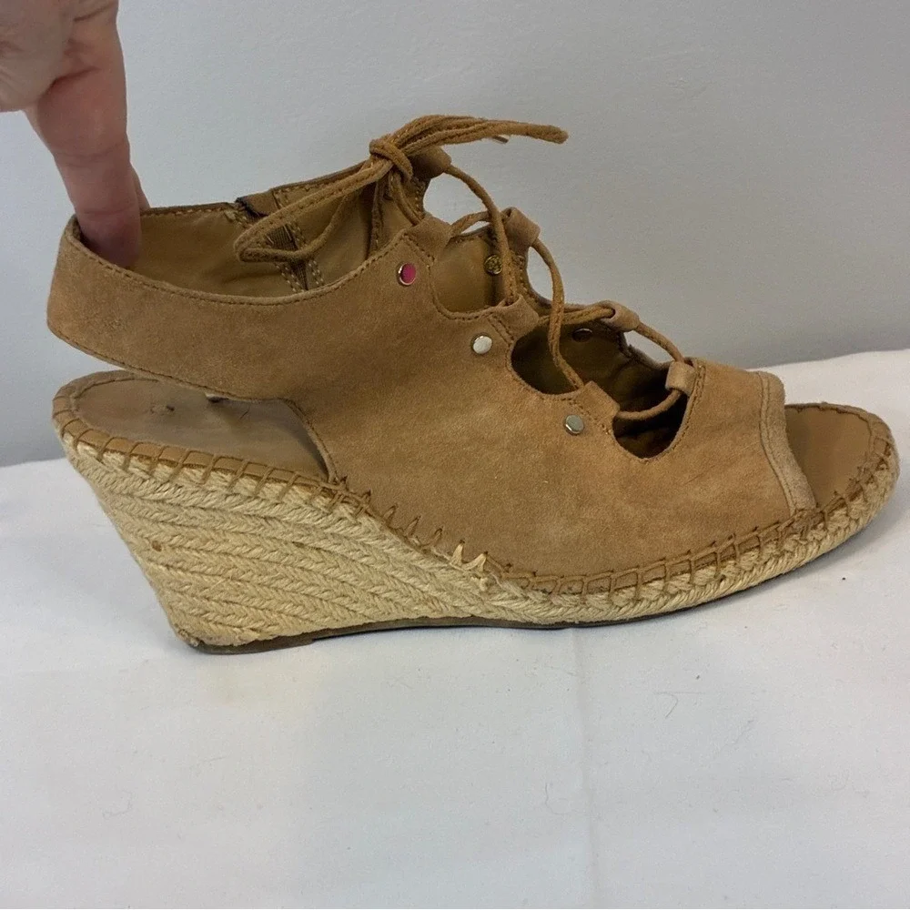 Franco Sarto 8 Tan Suede Lace Up Espadrille Wedge Boho Summer Sandal